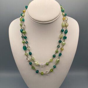 Aquamarine, Yellow, Lime Green  Beaded Necklace  37"  Long Boho Quality Costume